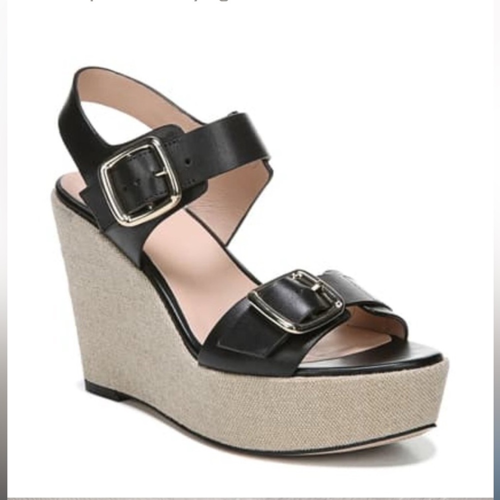 27 EDIT Cait Leather Wedge Sandals Black Size 9